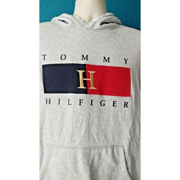 Tommy Hilfiger Mens Hoodie Size Medium Logo Embroidered Pullover Gray Sweatshirt - Picture 3 of 4